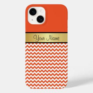 Coques Pour iPhone Gras orange et blanc Chevron, Gold Ribbon Nom Text