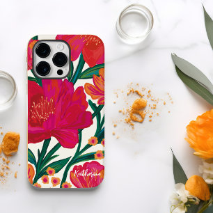 Coque Pour Pour iPhone 14 Pro Max Gras rose et orange floral Nom personnalisé