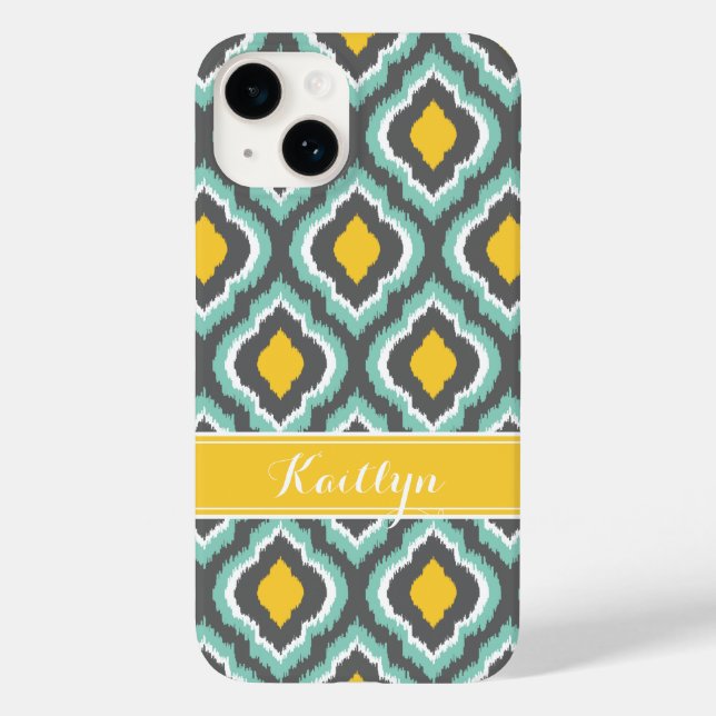 Coques Case-Mate iPhone Gray Aqua et Yellow Ikat Monogramme marocain (Verso)