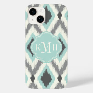 Coque Pour iPhone 14 Gray et Mint Tribal Ikat Chevron Monogramme