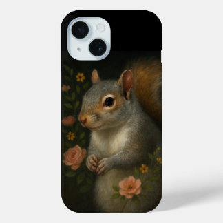 Coque Pour iPhone 15 Gray Squirrel with Flowers – Enchanted Woodland 