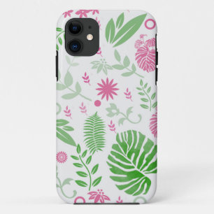 Coque iPhone 11 Green and pink leaves and flowers