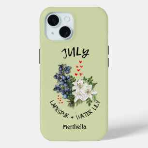 Coque Pour iPhone 15 Green Floral JUILLET Mois de naissance Fleur Nom p