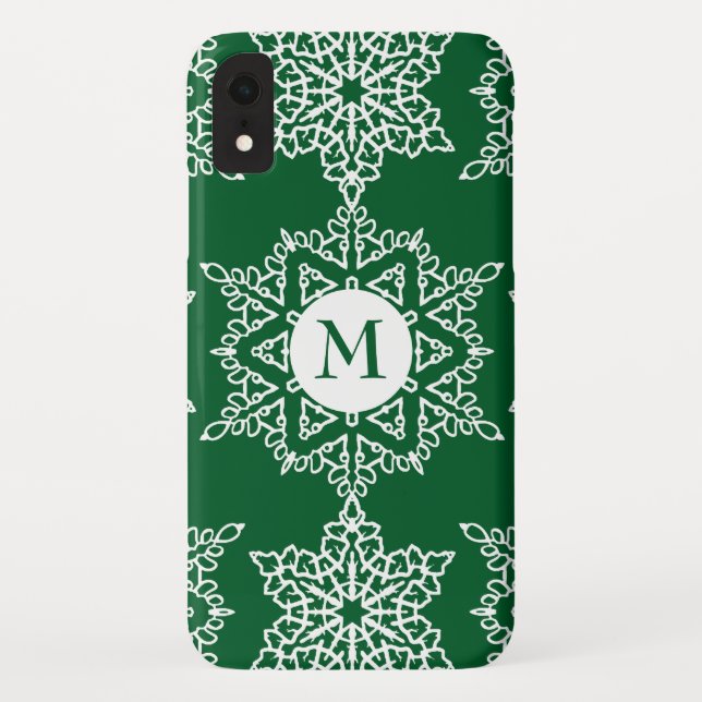 Coques Case-Mate iPhone Green White Snowflics Noël de vacances Monogramme (Dos)