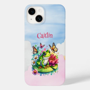 Coque Pour iPhone 14 Grenouille, fleurs et papillons personnalisés