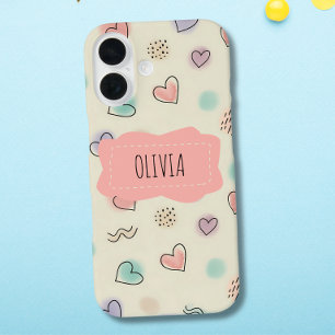 Coque Pour iPhone 16 Gribouillages joyeux de cœurs, de points et de lig