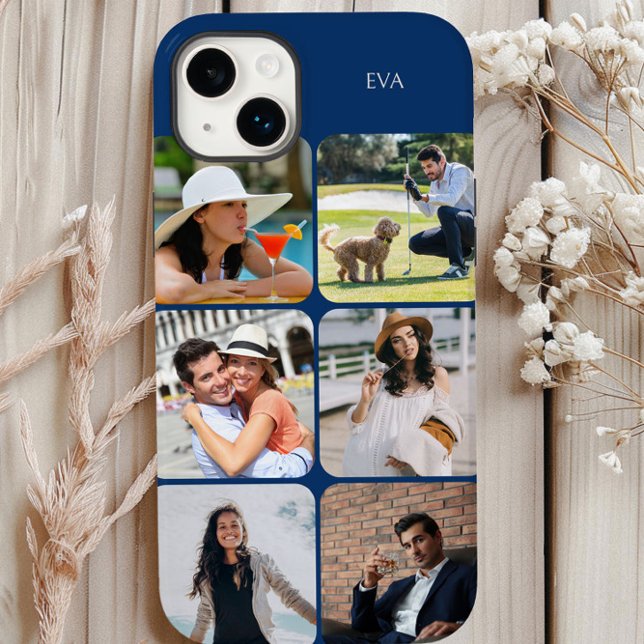 Coques Case-Mate iPhone Grille photo 6 Photos Nom ou initiales bleu (Blue personalized iphone case with 6 picture photo collage by Darling & May)