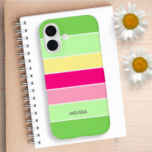 Coque Pour iPhone 16 Grilles horizontales vertes et roses Monogrammes C