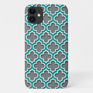 Coques Pour iPhone Gris de charbon Turquoise blanc Quatrefoil marocai