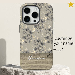 Coques iPhone 16 Pro Gris Élégant Fleur Motif Grain de Bois Nom Personn
