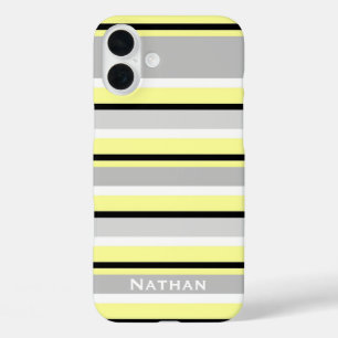 Coques iPhone 16 Plus Gris et Jaune rayé élégant Personnalisé