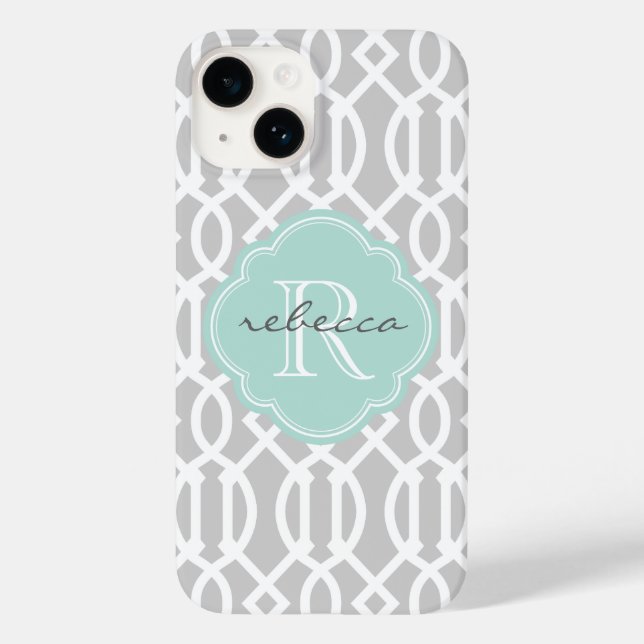 Coques Case-Mate iPhone Gris et menthe Moderne Trellis Monogramme personna (Verso)
