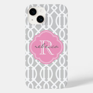Coque Pour iPhone 14 Gris et rose Trellis moderne Monogramme personnali