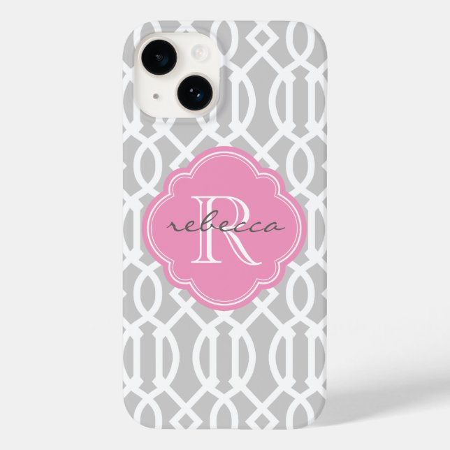 Coques Case-Mate iPhone Gris et rose Trellis moderne Monogramme personnali (Verso)