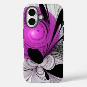 Coque Pour iPhone 16 Gris Noir Abstrait Avec Art Fractal Magenta