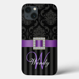 Coques Pour iPhone Gris noir pourpre Damask Stripes Motif