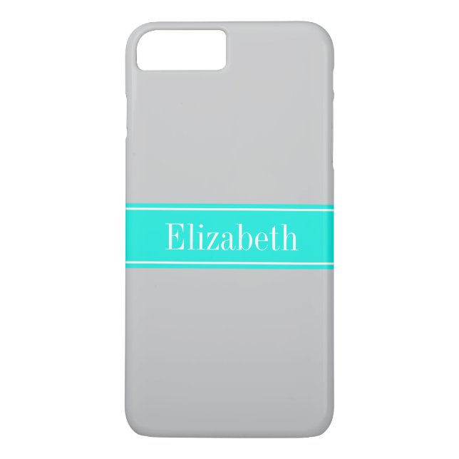 Coques Case-Mate iPhone Gris solide, Ribbon Aqua brillant Nom Monogramme (Dos)
