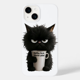 Coque Pour iPhone 14 Grumpy Cat Coffee Mood T-Shirt Funny Black Fluffy 