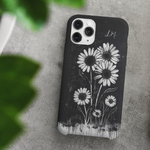 Coque Pour iPhone 16 Grunge Daisy Black White Monogramme Nom personnali