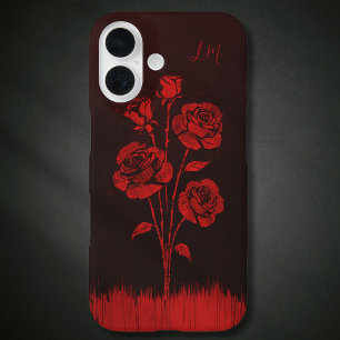 Coque Pour iPhone 16 Grunge Rose Noir Rouge Monogramme Nom personnalisé