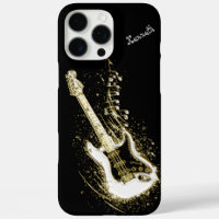 Guitare électrique dorée avec notes musicales