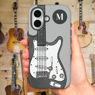 Coque Pour iPhone 16 Guitare électrique gris noir blanc Monogramme init