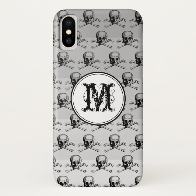 Coques Case-Mate iPhone Halloween crâne gris Monogramme personnalisé (Dos)