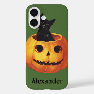 Coque Pour iPhone 16 Halloween vintage, joli chat noir dans une citroui