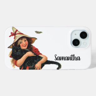 Coque Pour iPhone 15 Halloween vintage, sorcière fille avec chat noir