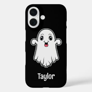 Coque Pour iPhone 16 Happy Cartoon Ghost Avec Nom Personnalisable Noir