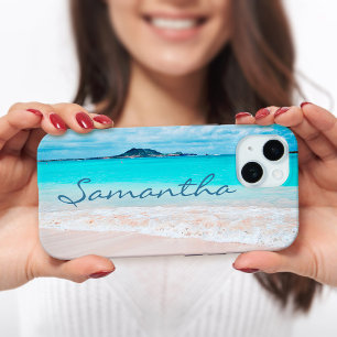 Coque Pour iPhone 15 Hawaii bleu océan sable de plage photo nom monogra