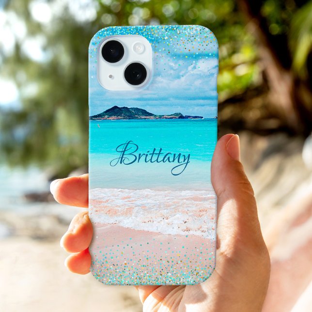 Coques Case-Mate iPhone Hawaii Sandy Beach Ocean Blue Gold Confetti Nom (Créateur téléchargé)