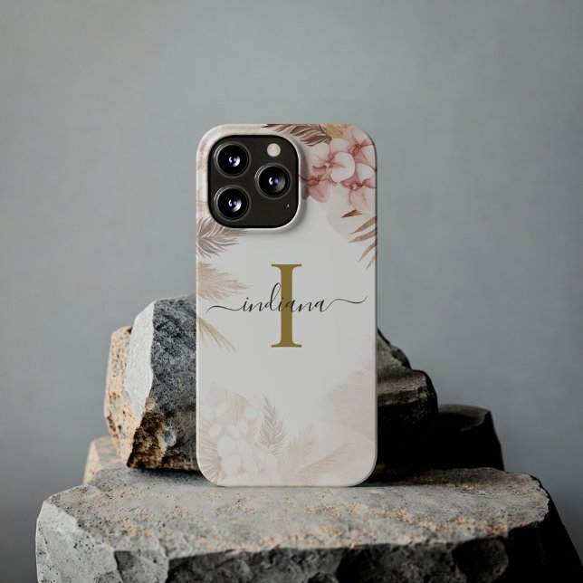 Coques Case-Mate iPhone Herbe des Pampas Monogramme Initiale Terracotta (Pink Floral Pampas Grass Monogram Custom Phone Case)