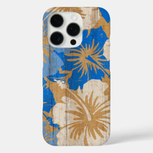 Coques iPhone 16 Pro Hibiscus Epic Vintage Surf board Faux Wood en bleu