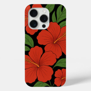 Coque iPhone 15 Pro Hibiscus rouge d'élégance tropicale sur noir