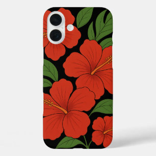 Coques iPhone 16 Plus Hibiscus rouge d'élégance tropicale sur noir
