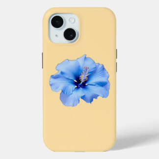 Coque Pour iPhone 15 Hibiscus Tropical Bleu Vibrant sur Fond Jaune