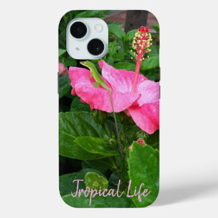 Coque Pour iPhone 15 Hibiscus Tropical Flower Anole Lizard Photo person