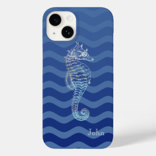 Coque Pour iPhone 14 Hippocampe Vagues Rayure Bleu Marine Nautique