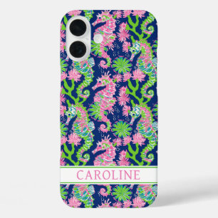 Coques iPhone 16 Plus Hippocampes à l'aquarelle Monogrammées