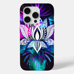 Coque iPhone 15 Pro Hipster Retro Tech Turquoise Lotus Lotus Fleur Feu