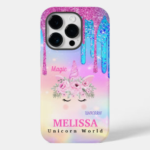 Coque Pour iPhone 14 Pro Holographique Unicorn Flowers Parties scintillant 
