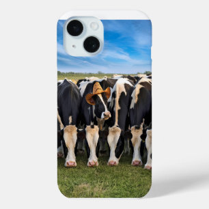 Coque Pour iPhone 15 Holstein Cow porte un Casquette de cowboy