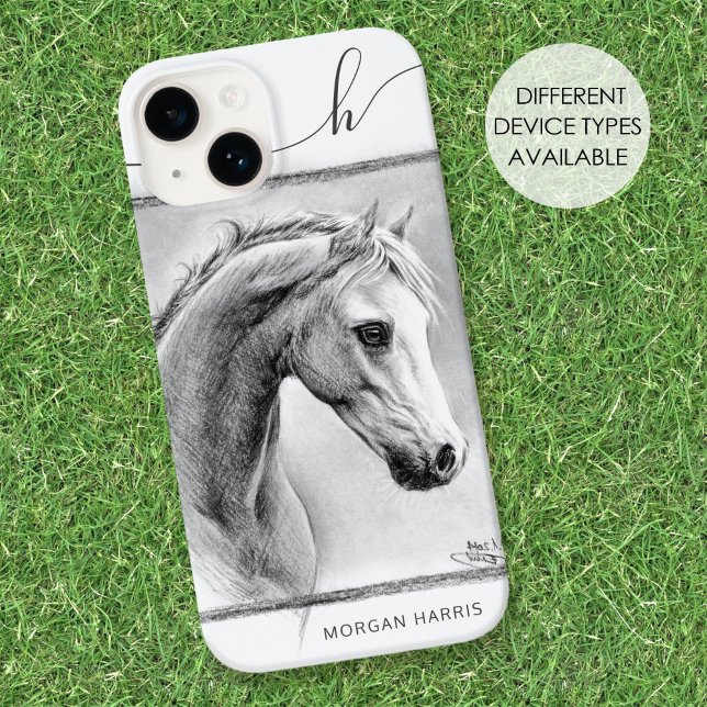Coques Case-Mate iPhone Horse Portrait Equine Charbon Dessin Monogramme (Créateur téléchargé)