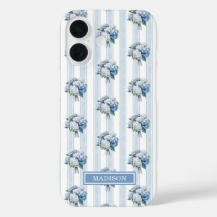 Coque Pour iPhone 16 Hortensias bleus sur rayures