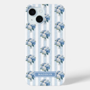 Coque Pour iPhone 15 Hortensias bleus sur rayures
