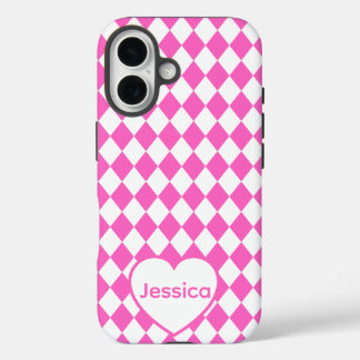 Coque Pour iPhone 16 Hot Pink Harlequin Pattern Personalized Name