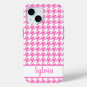 Coque Pour iPhone 15 Houndstooth Motif rose blanc personnalisé