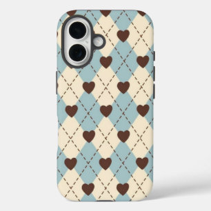Coque Pour iPhone 16 Housse à motif cœur Argyle bleu esthétique et crèm