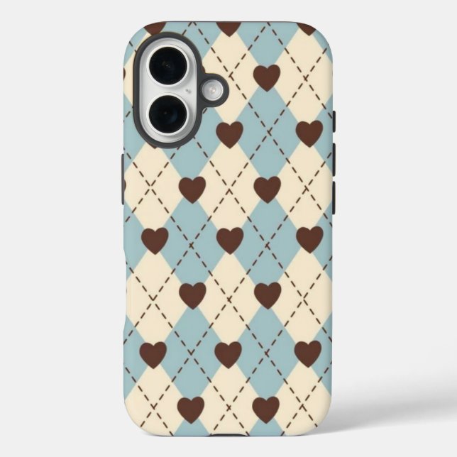 Coques Case-Mate iPhone Housse à motif cœur Argyle bleu esthétique et crèm (Verso)
